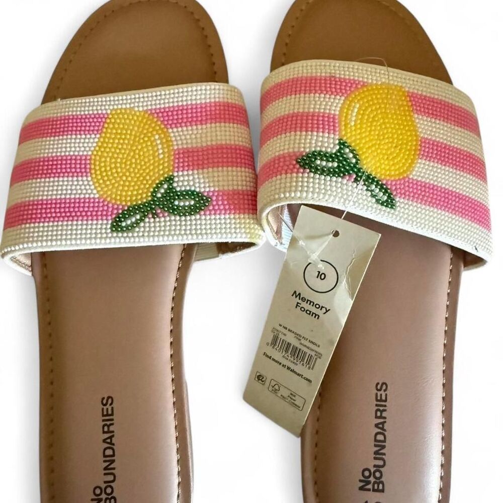 No Boundaries Beaded Lemon Slide Sandals Women's Size 10 Pink Stripe Summer NWT